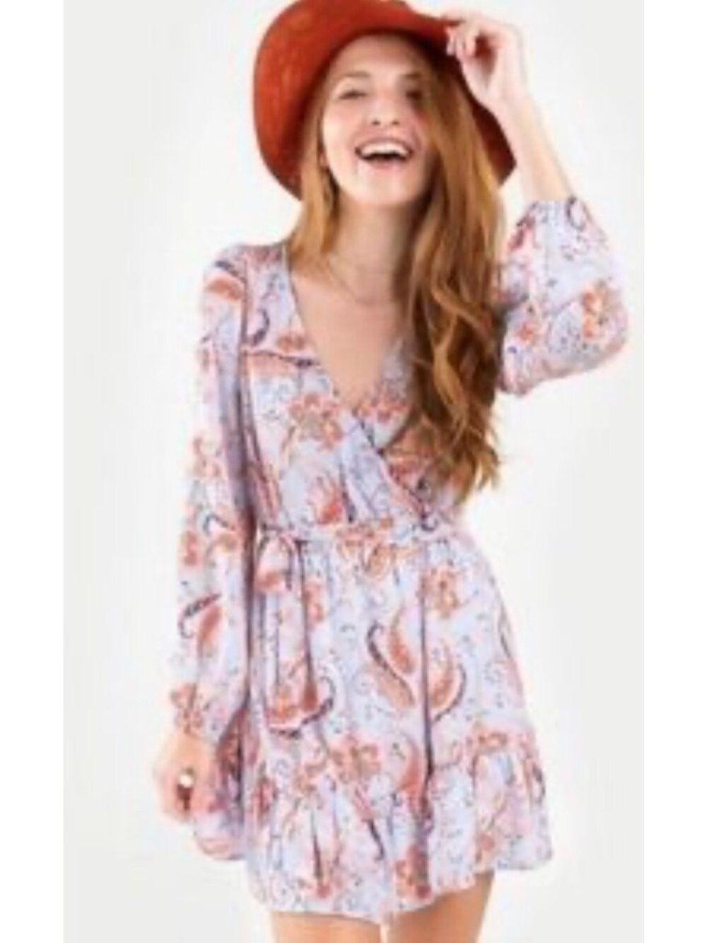 Jun & Ivy Women's Light Blue & orange Paisley Faux Wrap Mini Dress Size M